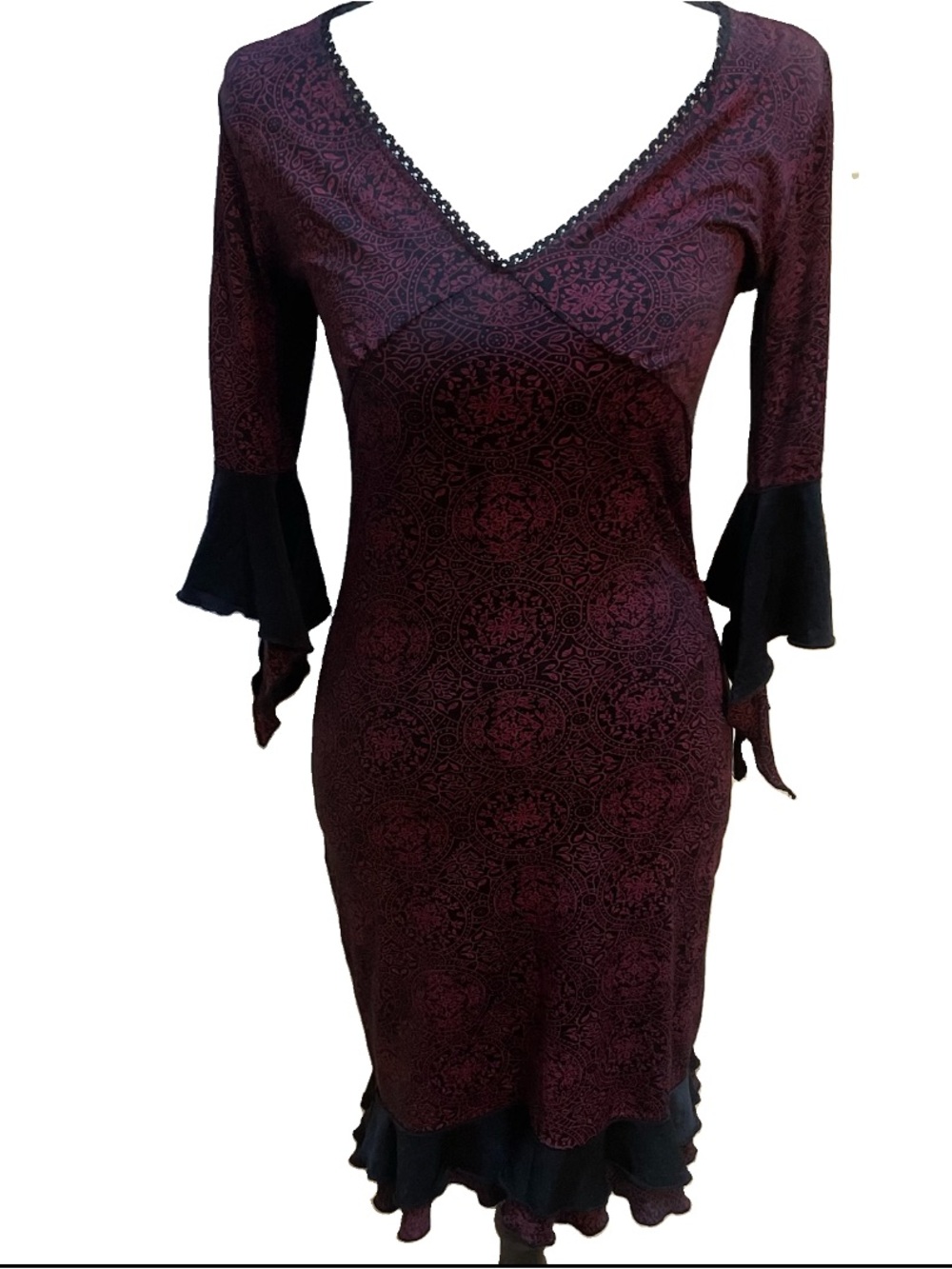 VTG Casa Lee Whimsigoth Gothic Midi Dress V-Neck Bell Sleeve Ruffle S Maddy Kat